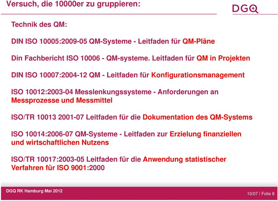 an Messprozesse und Messmittel ISO/TR 10013 2001-07 Leitfaden für die Dokumentation des QM-Systems ISO 10014:2006-07 QM-Systeme - Leitfaden zur