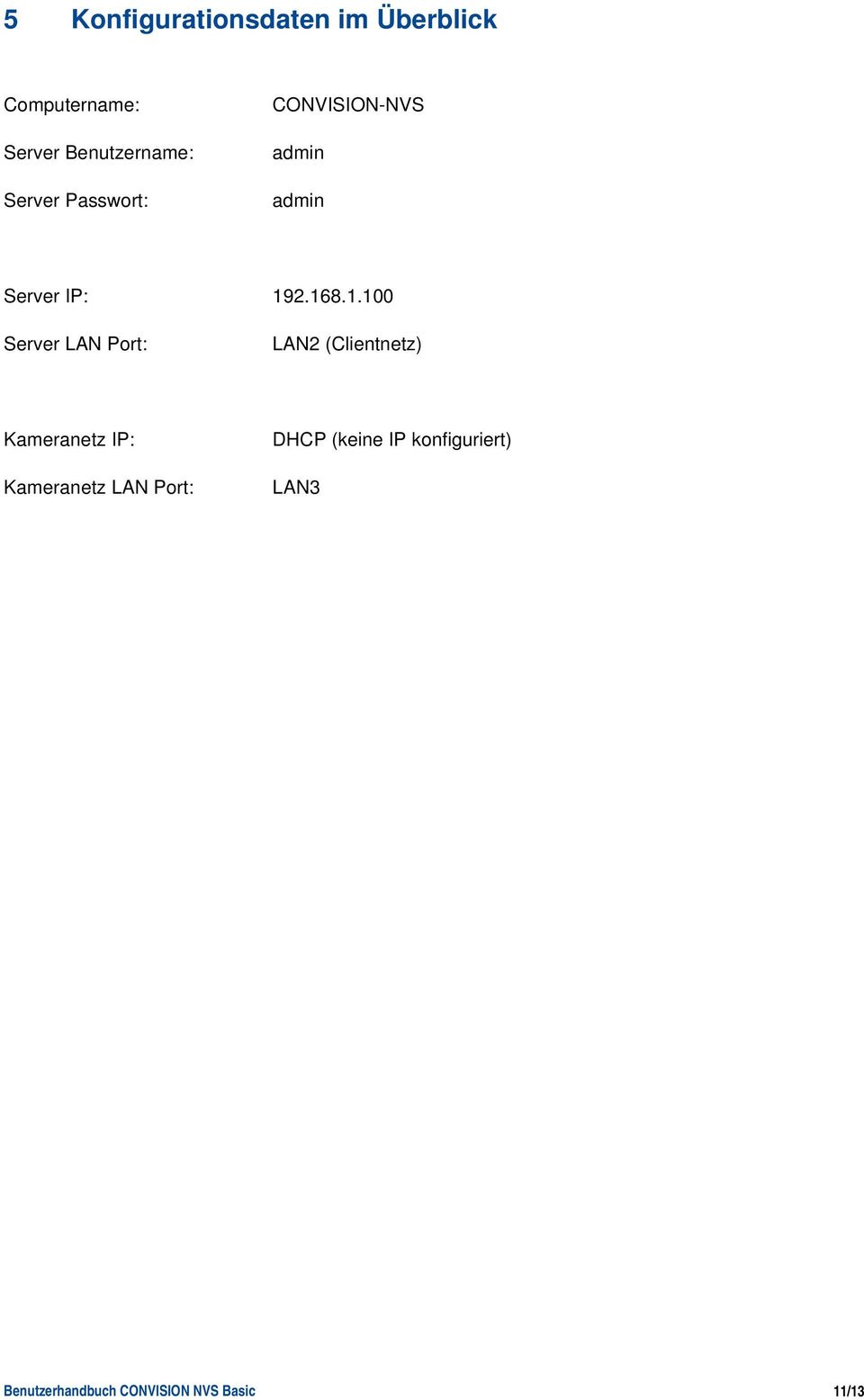2.168.1.100 Server LAN Port: LAN2 (Clientnetz) Kameranetz IP: