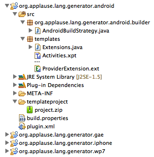 plugin.xml Android <?xml version="1.0" encoding="utf-8"?> <?eclipse version="3.4"?> <plugin> <extension point="org.applause.lang.ui.buildstrategy"> <buildstrategy class="org.applause.lang.generator.