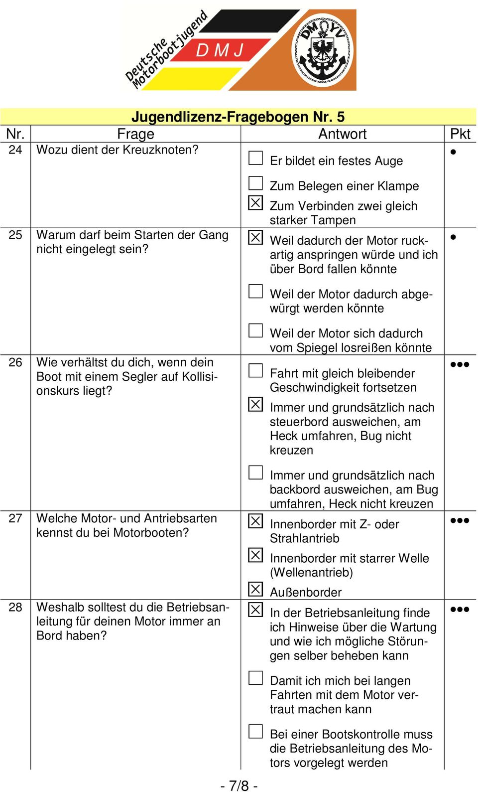 - 7/8 - Er bildet ein festes Auge Zum Belegen einer Klampe Zum Verbinden zwei gleich starker Tampen Weil dadurch der Motor ruckartig anspringen würde und ich über Bord fallen könnte Weil der Motor