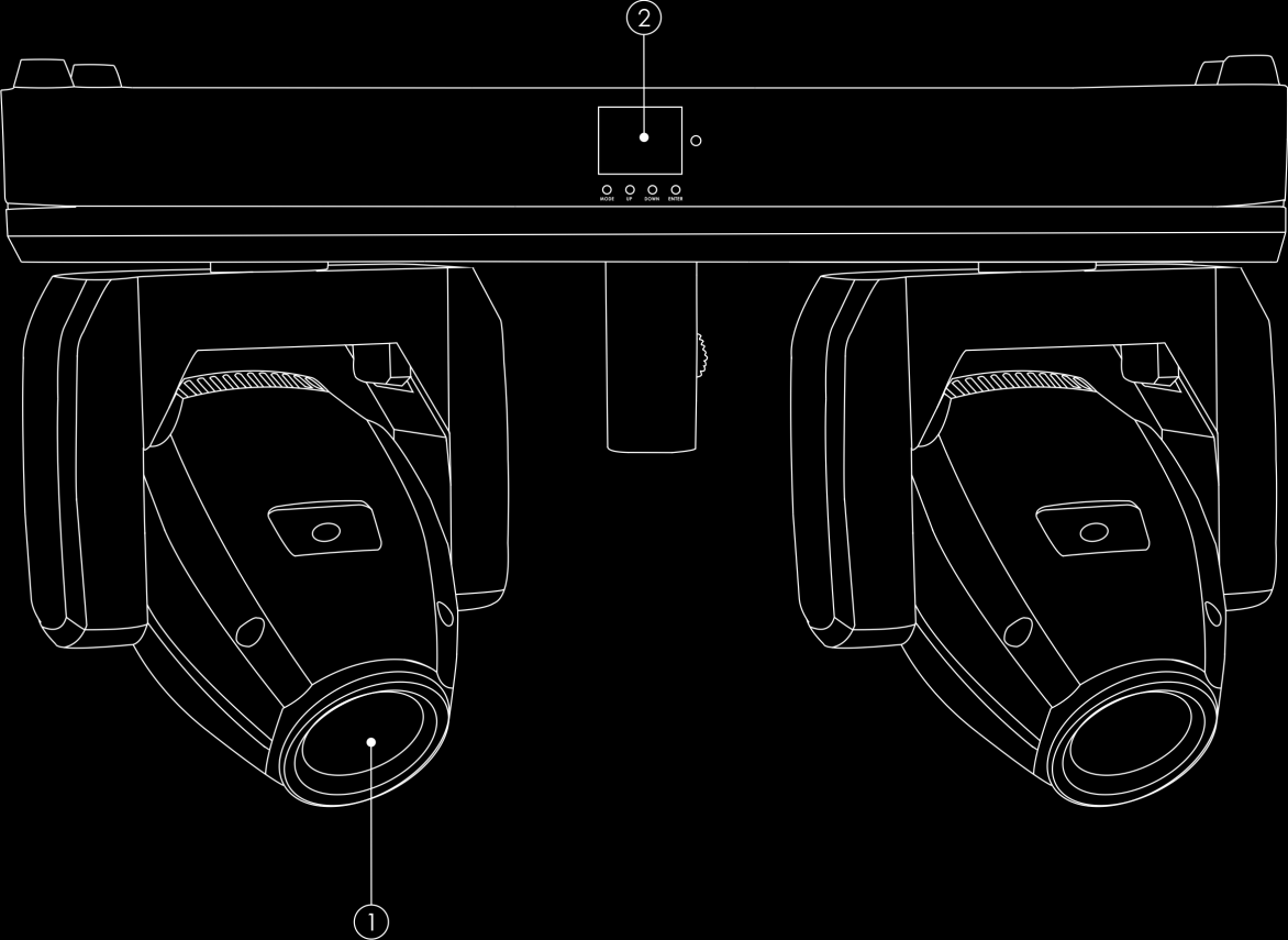 Beschreibung des Geräts Funktionen Der XS-2 Dual Beam besteht aus zwei kompakten Moving Heads mit je einer 10W-LED, die an einer T- Halterung befestigt sind.
