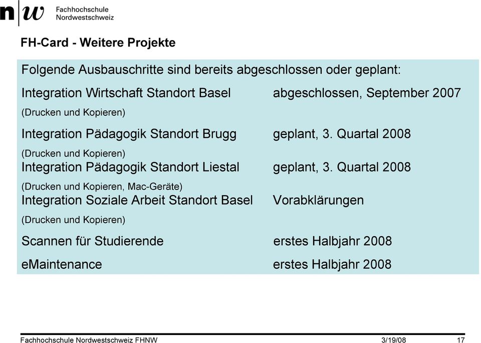 Quartal 2008 (Drucken und Kopieren) Integration Pädagogik Standort Liestal geplant, 3.
