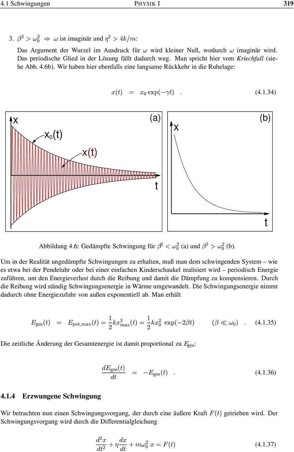 34) x x 0 (t) (a) x (b) x(t) t t Abbildung 4.6: Gedämpfte Schwingung für fi 2 <! 2 0 (a) und fi2 >! 2 0 (b).