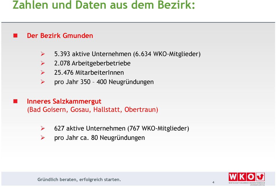 476 MitarbeiterInnen pro Jahr 350 400 Neugründungen Inneres Salzkammergut (Bad