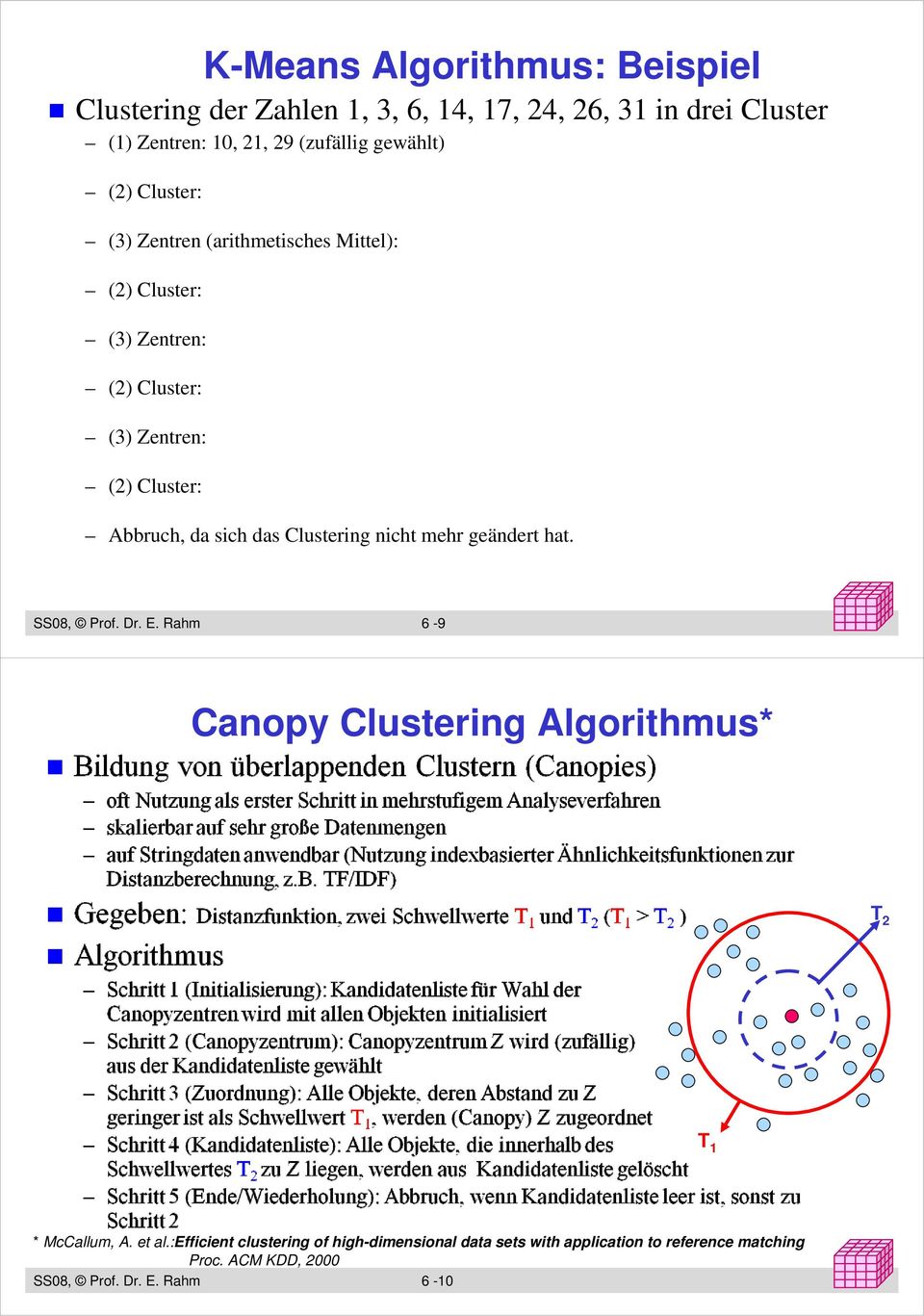 sich das Clustering nicht mehr geändert hat. SS08, Prof. Dr. E. Rahm 6-9 y yy Canopy Clustering Algorithmus* T 2 T 1 * McCallum, A.