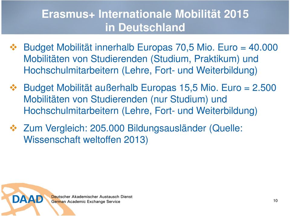 Budget Mobilität außerhalb Europas 15,5 Mio. Euro = 2.