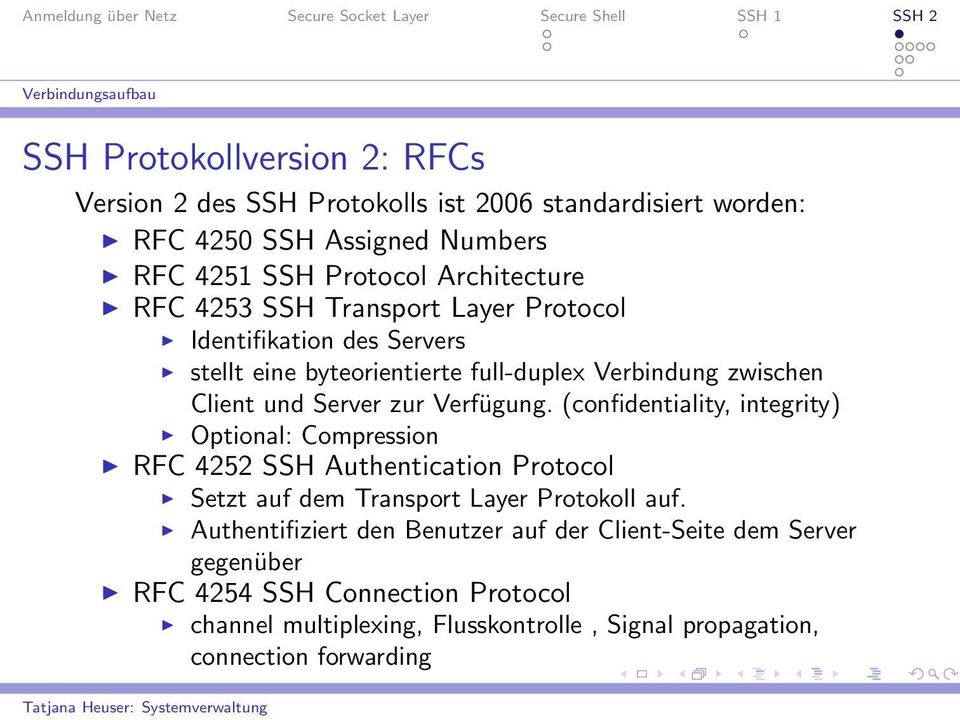 Verfügung. (confidentiality, integrity) Optional: Compression RFC 4252 SSH Authentication Protocol Setzt auf dem Transport Layer Protokoll auf.