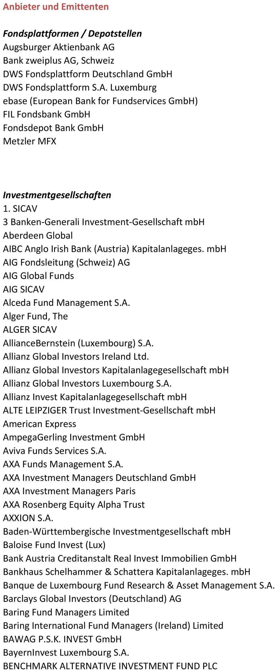 mbh AIG Fondsleitung (Schweiz) AG AIG Global Funds AIG SICAV Alceda Fund Management S.A. Alger Fund, The ALGER SICAV AllianceBernstein (Luxembourg) S.A. Allianz Global Investors Ireland Ltd.