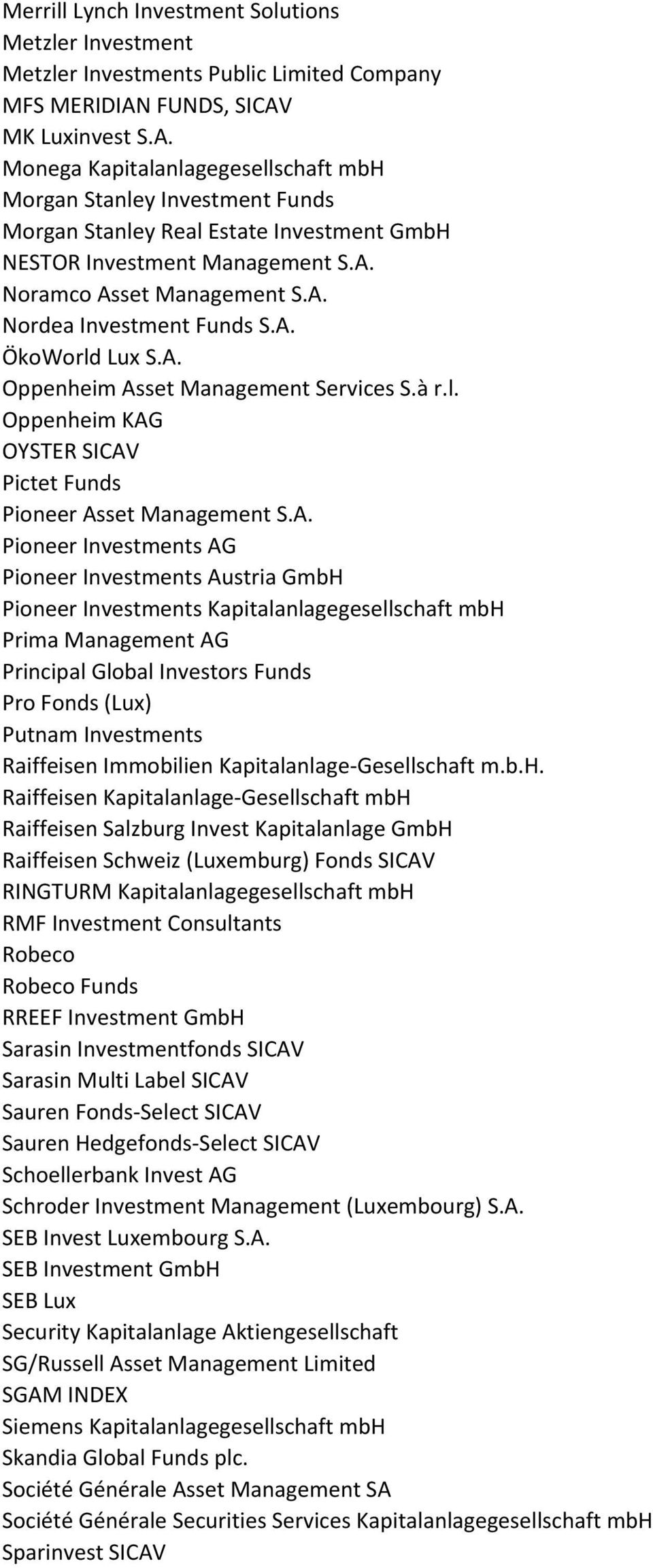 A. Nordea Investment Funds S.A. ÖkoWorld Lux S.A. Oppenheim Asset Management Services S.à r.l. Oppenheim KAG OYSTER SICAV Pictet Funds Pioneer Asset Management S.A. Pioneer Investments AG Pioneer