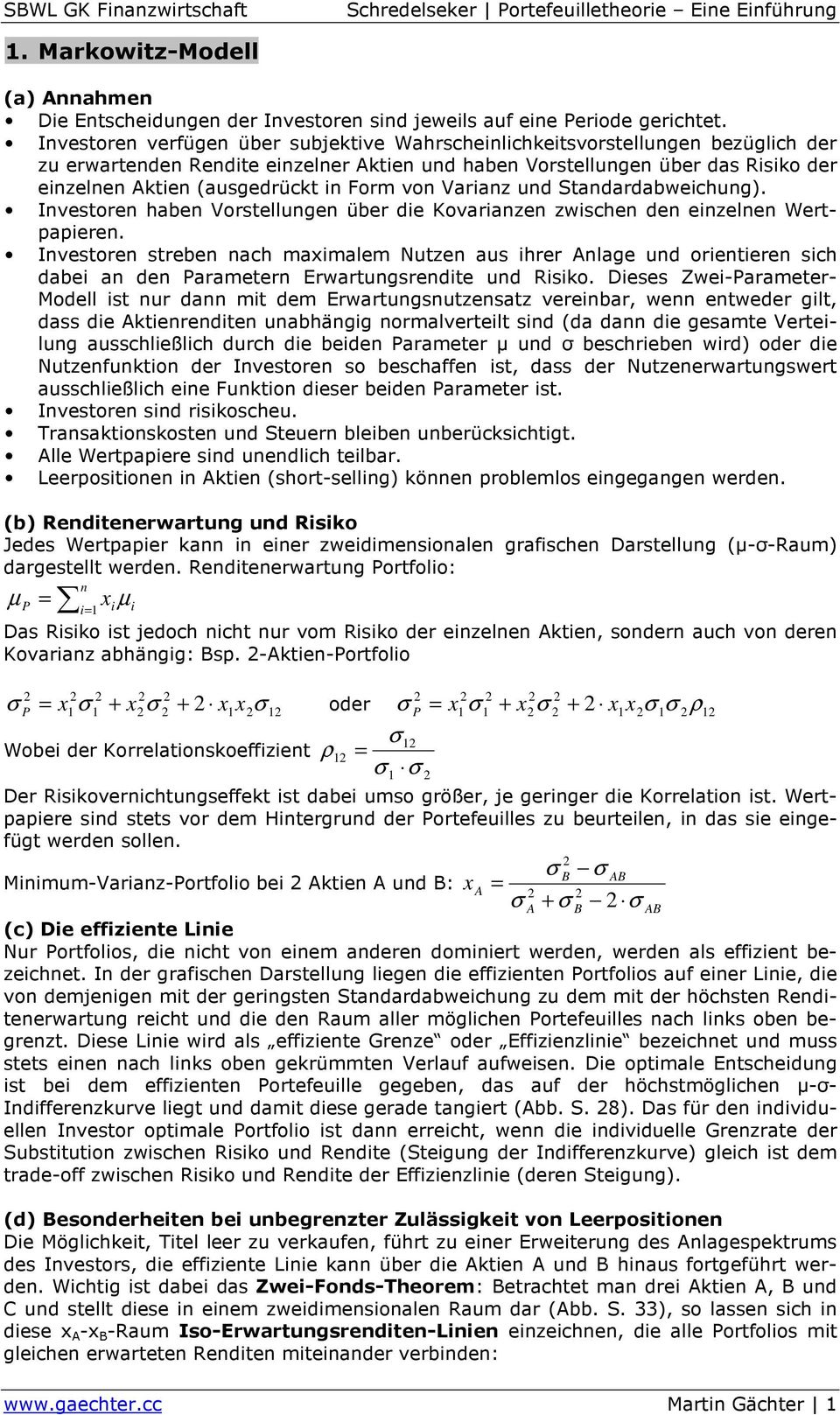 Standadabwechung). Investoen haben Vostellungen übe de Kovaanzen zwschen den enzelnen Wetpapeen.