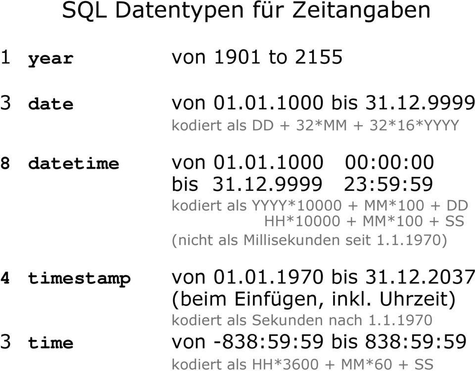 9999 23:59:59 kodiert als YYYY*10000 + MM*100 + DD HH*10000 + MM*100 + SS (nicht als Millisekunden seit 1.1.1970) 4 timestamp von 01.