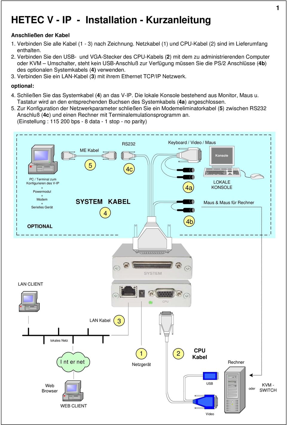 optionalen Systemkabels (4) verwenden. 3. Verbinden Sie ein LAN-Kabel (3) mit ihrem Ethernet TCP/IP Netzwerk. optional: 4. Schließen Sie das Systemkabel (4) an das V-IP.