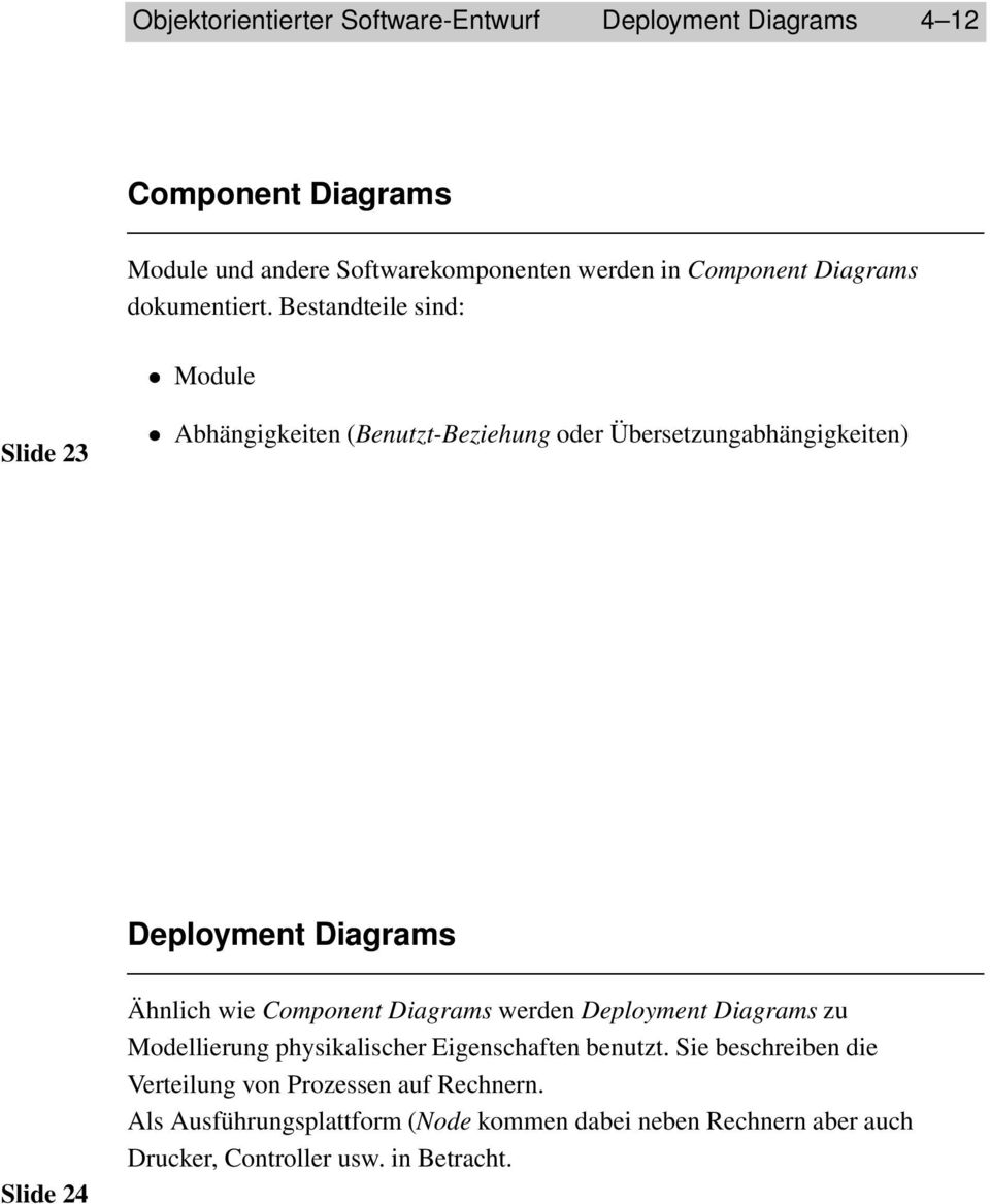 Bestandteile sind: Module Slide 23 Abhängigkeiten (Benutzt-Beziehung oder Übersetzungabhängigkeiten) Deployment Diagrams Slide 24 Ähnlich wie