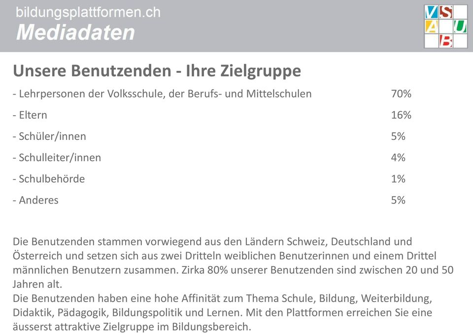 Benutzerinnen und einem Drittel männlichen Benutzern zusammen. Zirka 80% unserer Benutzenden sind zwischen 20 und 50 Jahren alt.