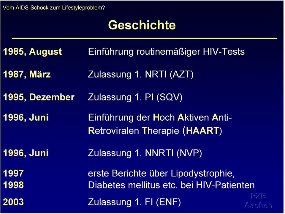 PI (SQV) 1996, Juni Einführung der Hoch Aktiven Anti- Retroviralen Therapie (HAART)