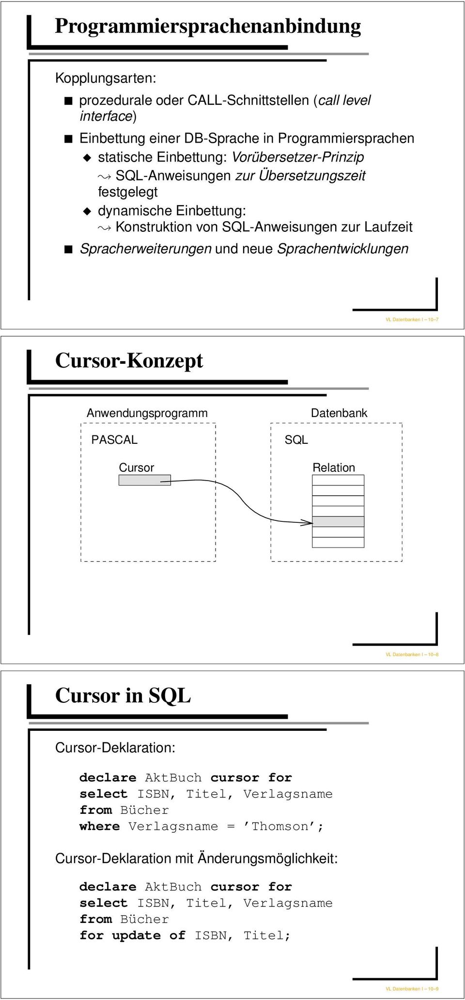 Datenbanken I 10 7 Cursor-Konzept Anwendungsprogramm Datenbank PASCAL SQL Cursor Relation VL Datenbanken I 10 8 Cursor in SQL Cursor-Deklaration: declare AktBuch cursor for select ISBN, Titel,