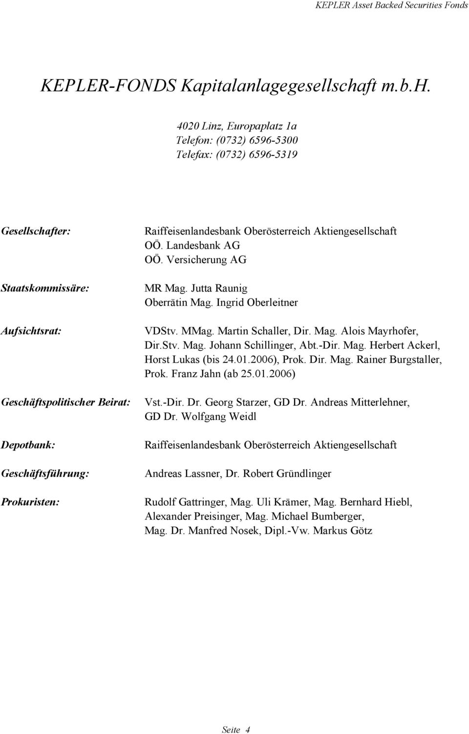 4020 Linz, Europaplatz 1a Telefon: (0732) 6596-5300 Telefax: (0732) 6596-5319 Gesellschafter: Staatskommissäre: Aufsichtsrat: Geschäftspolitischer Beirat: Depotbank: Geschäftsführung: Prokuristen: