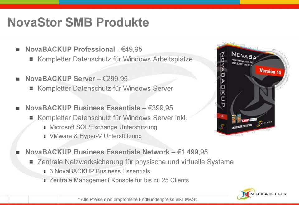 Microsoft SQL/Exchange Unterstützung VMware & Hyper-V Unterstützung NovaBACKUP Business Essentials Network 1.