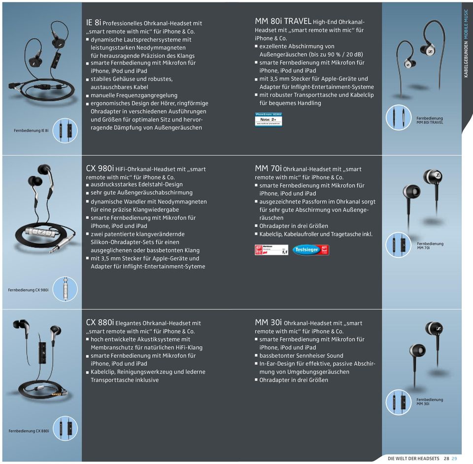 austauschbares Kabel manuelle Frequenzgangregelung ergonomisches Design der Hörer, ringförmige Ohradapter in verschiedenen Ausführungen und Größen für optimalen Sitz und hervorragende Dämpfung von