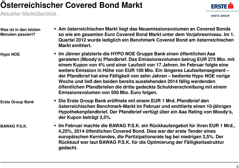 Quartal 2012 wurde lediglich ein Benchmark Covered Bond am österreichischen Markt emittiert. Im Jänner platzierte die HYPO NOE Gruppe Bank einen öffentlichen Aaa gerateten (Moody s) Pfandbrief.