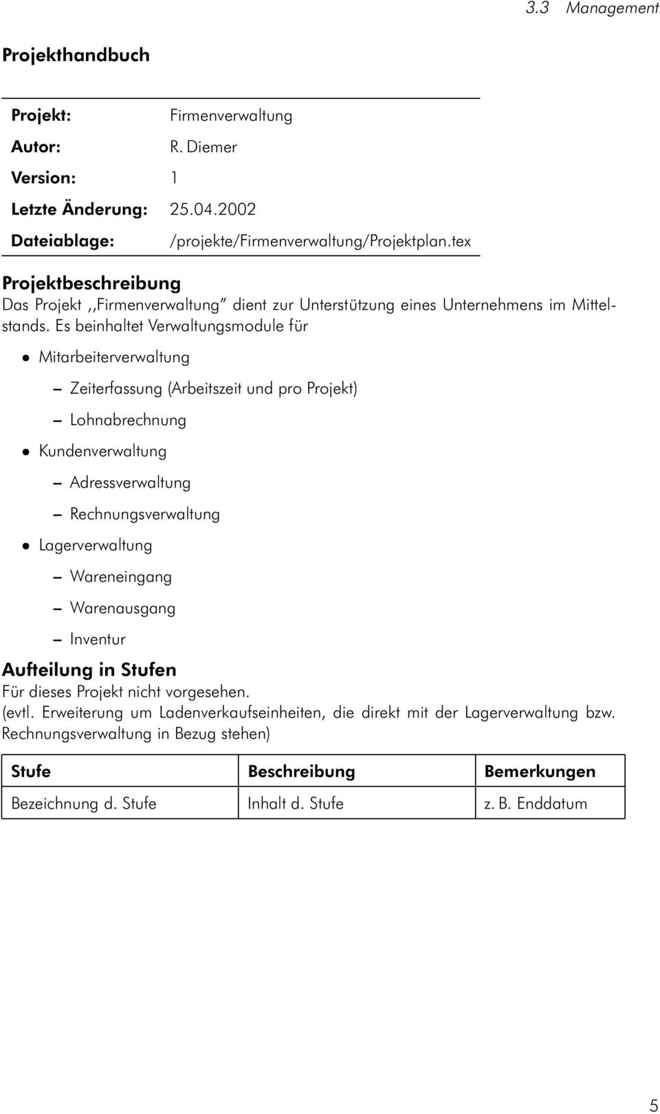 Es beinhaltet Verwaltungsmodule für Mitarbeiterverwaltung Zeiterfassung (Arbeitszeit und pro Projekt) Lohnabrechnung Kundenverwaltung Adressverwaltung Rechnungsverwaltung Lagerverwaltung