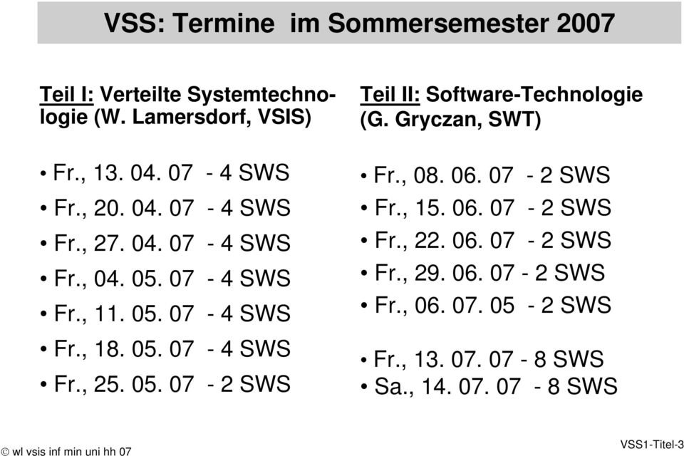 05. 07-2 SWS Teil II: Software-Technologie (G. Gryczan, SWT) Fr., 08. 06. 07-2 SWS Fr., 15. 06. 07-2 SWS Fr., 22.