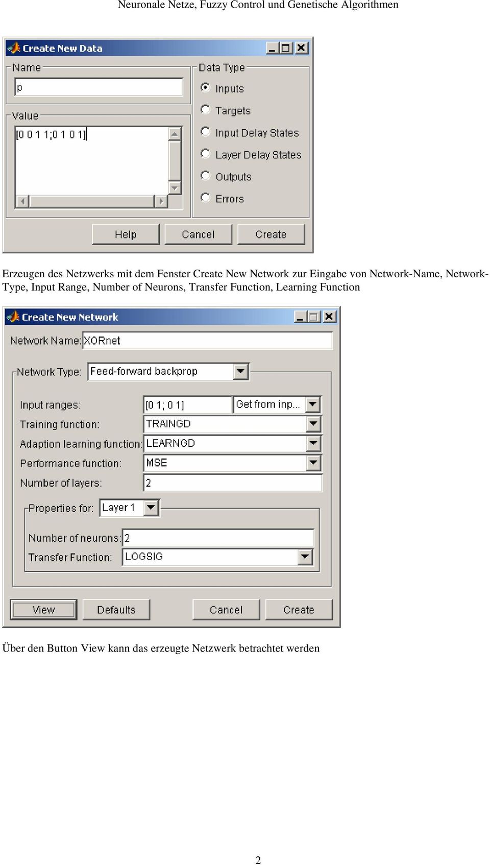 Number of Neurons, Transfer Function, Learning Function