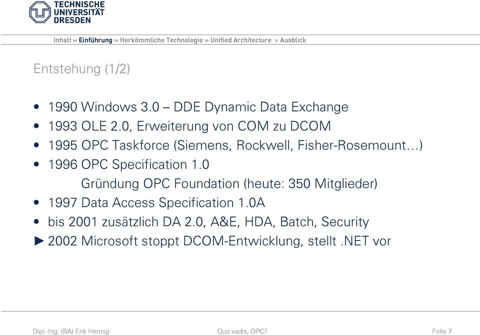 Specification 1.0 Gründung OPC Foundation (heute: 350 Mitglieder) 1997 Data Access Specification 1.