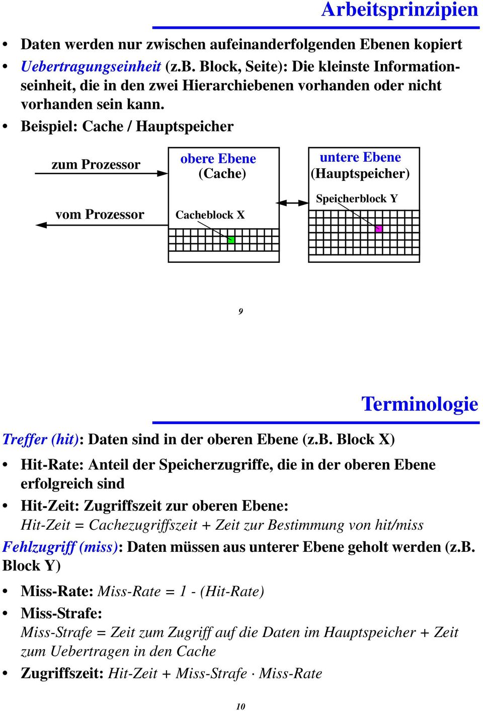 b. Bloc X) Hit-Rate: Anteil der Speicherzugriffe, die in der oberen Ebene erfolgreich sind Hit-Zeit: Zugriffszeit zur oberen Ebene: Hit-Zeit = Cachezugriffszeit + Zeit zur Bestimmung von hit/miss