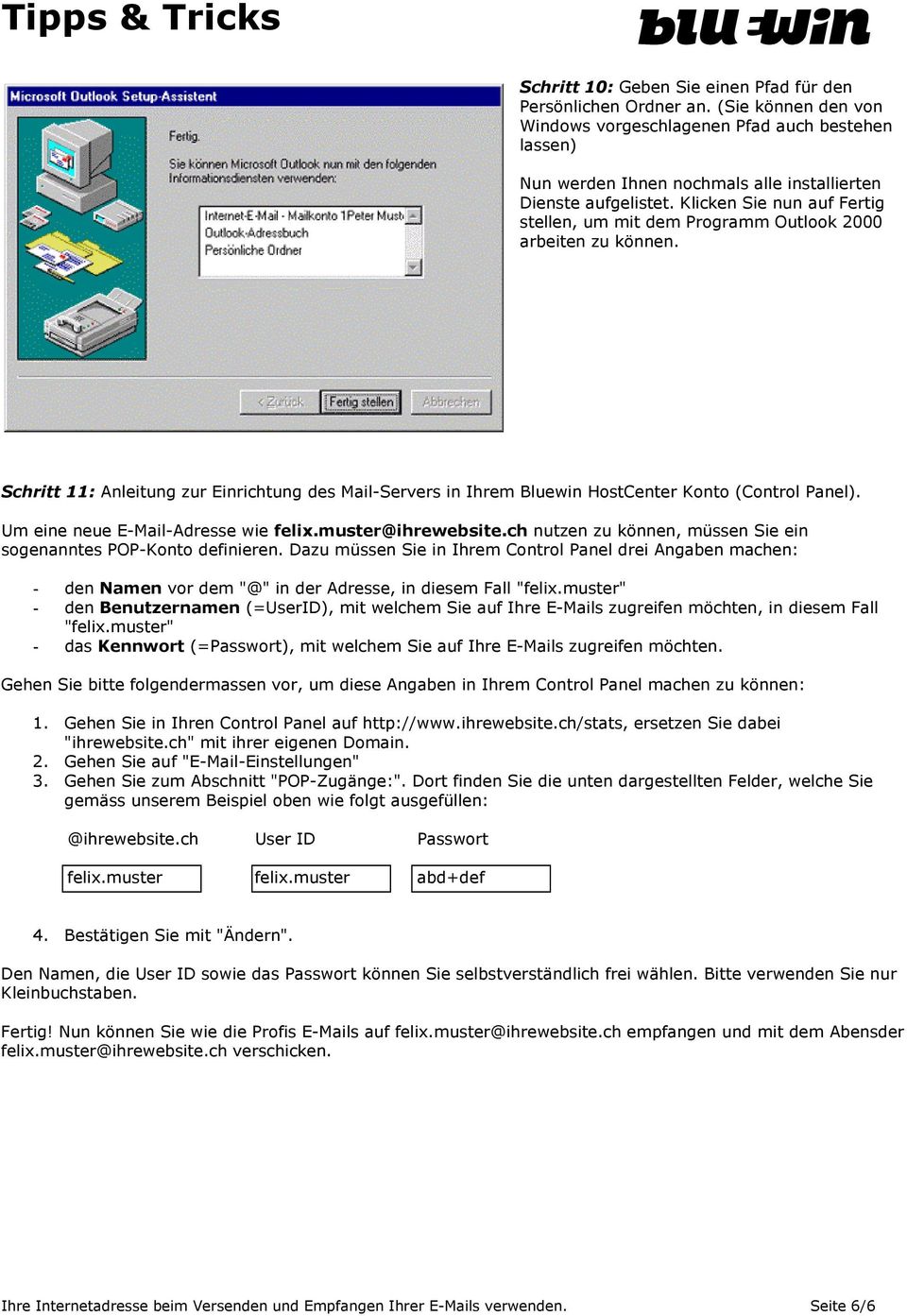 Klicken Sie nun auf Fertig stellen, um mit dem Programm Outlook 2000 arbeiten zu können. Schritt 11: Anleitung zur Einrichtung des Mail-Servers in Ihrem Bluewin HostCenter Konto (Control Panel).