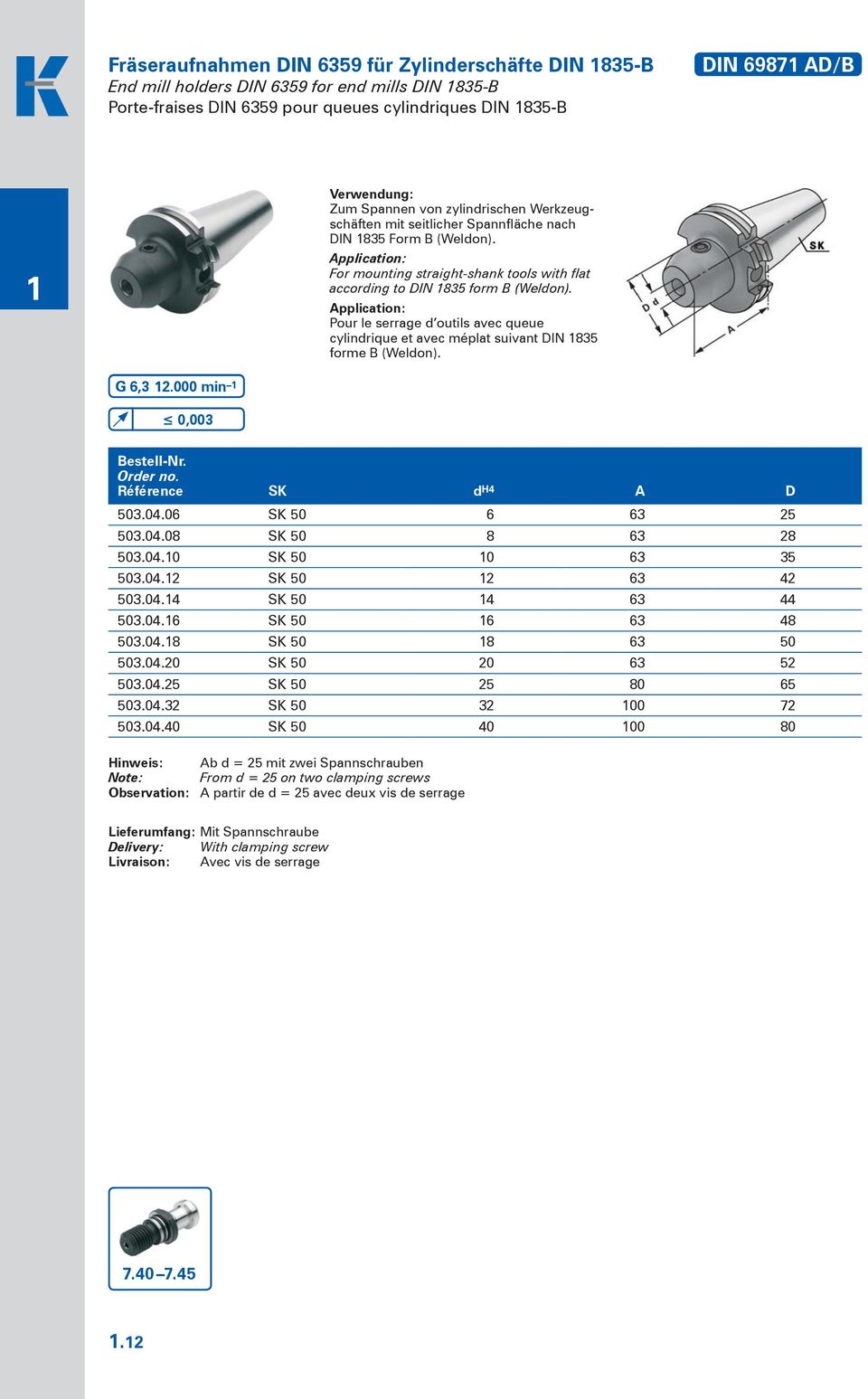 Pour le serrage d outils avec queue cylindrique et avec méplat suivant DIN 1835 forme B (Weldon). G 6,3 12.000 min 1 0,003 Référence SK d H4 A D 503.04.06 SK 50 6 63 25 503.04.08 SK 50 8 63 28 503.04.10 SK 50 10 63 35 503.