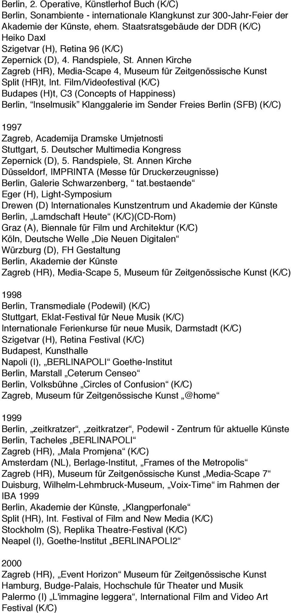 Film/Videofestival (K/C) Budapes (H)t, C3 (Concepts of Happiness) Berlin, Inselmusik Klanggalerie im Sender Freies Berlin (SFB) (K/C) 1997 Zagreb, Academija Dramske Umjetnosti Stuttgart, 5.