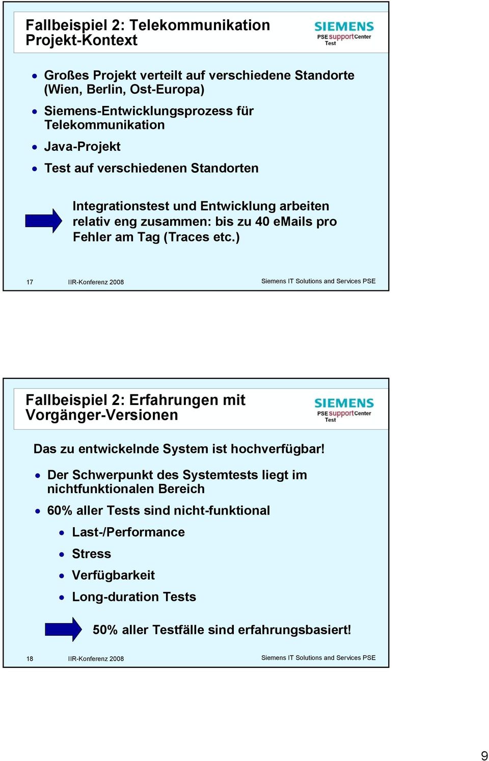 ) 17 IIR-Konferenz 2008 Siemens IT Solutions and Services PSE Fallbeispiel 2: Erfahrungen mit Vorgänger-Versionen Das zu entwickelnde System ist hochverfügbar!