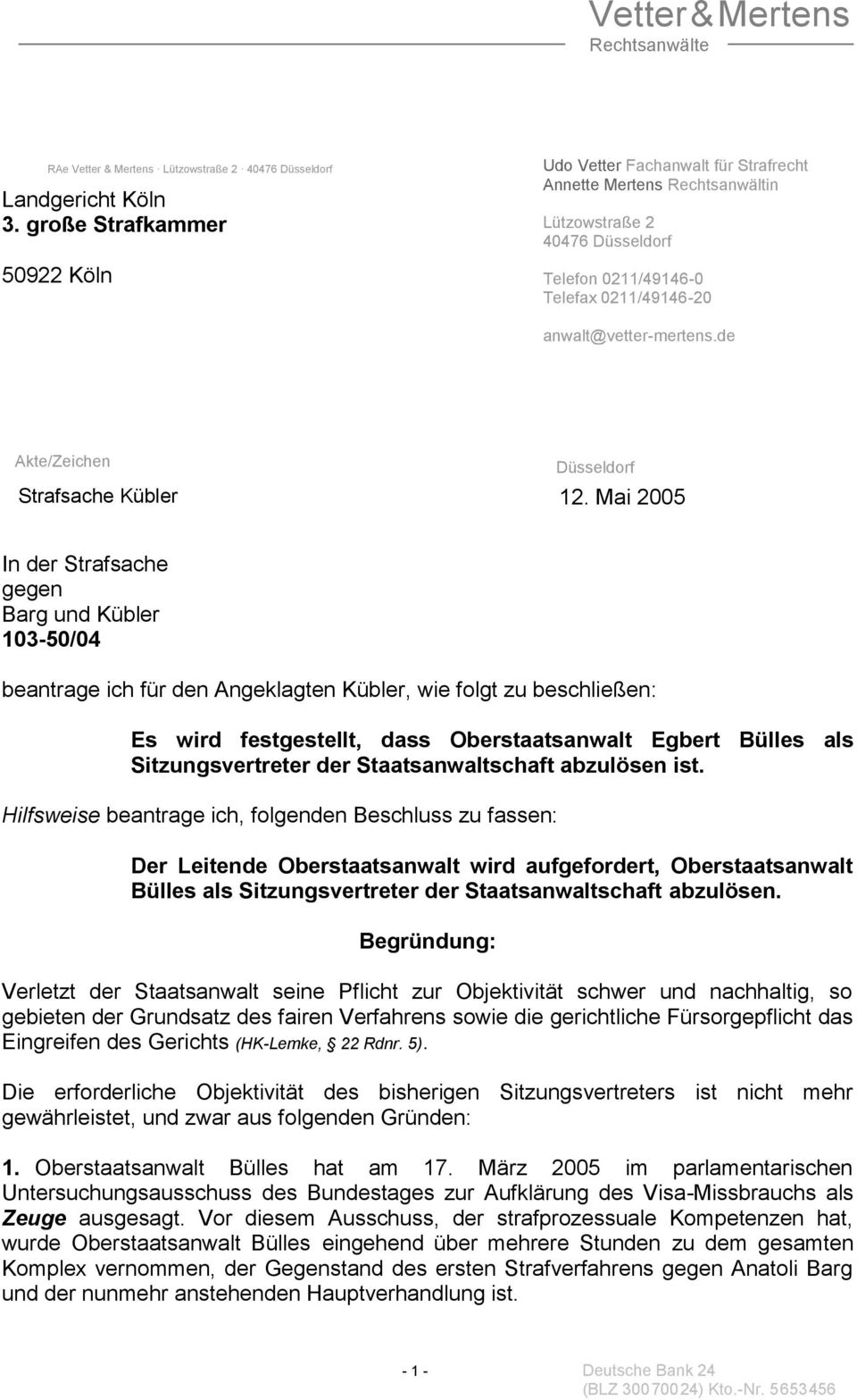 de Akte/Zeichen Düsseldorf Strafsache Kübler 12.