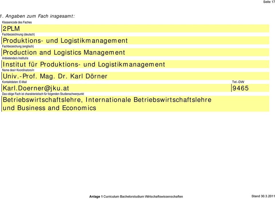 and Logistics Management Anbietende/s Institut/e Institut für Produktions- und Logistikmanagement Name des/r Koordinators/in Univ.-Prof. Mag. Dr.
