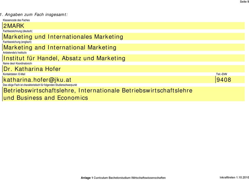 Fachbezeichung (englisch) Marketing and International Marketing Anbietende/s Institut/e Institut für Handel, Absatz und Marketing