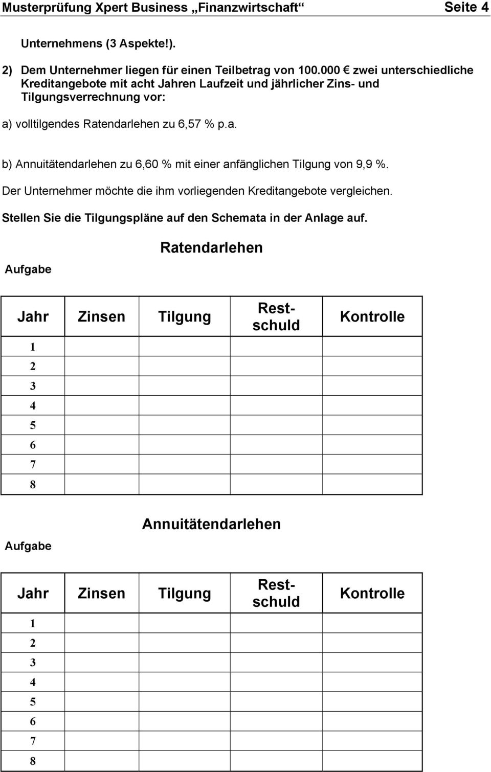 Der Unternehmer möchte die ihm vorliegenden Kreditangebote vergleichen. Stellen Sie die Tilgungspläne auf den Schemata in der Anlage auf.