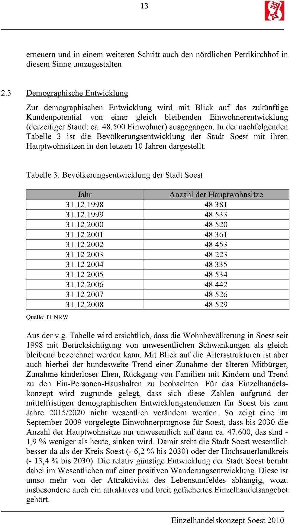 500 Einwohner) ausgegangen. In der nachfolgenden Tabelle 3 ist die Bevölkerungsentwicklung der Stadt Soest mit ihren Hauptwohnsitzen in den letzten 10 Jahren dargestellt.