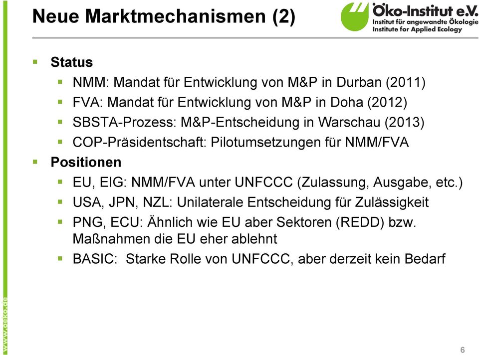 EU, EIG: NMM/FVA unter UNFCCC (Zulassung, Ausgabe, etc.