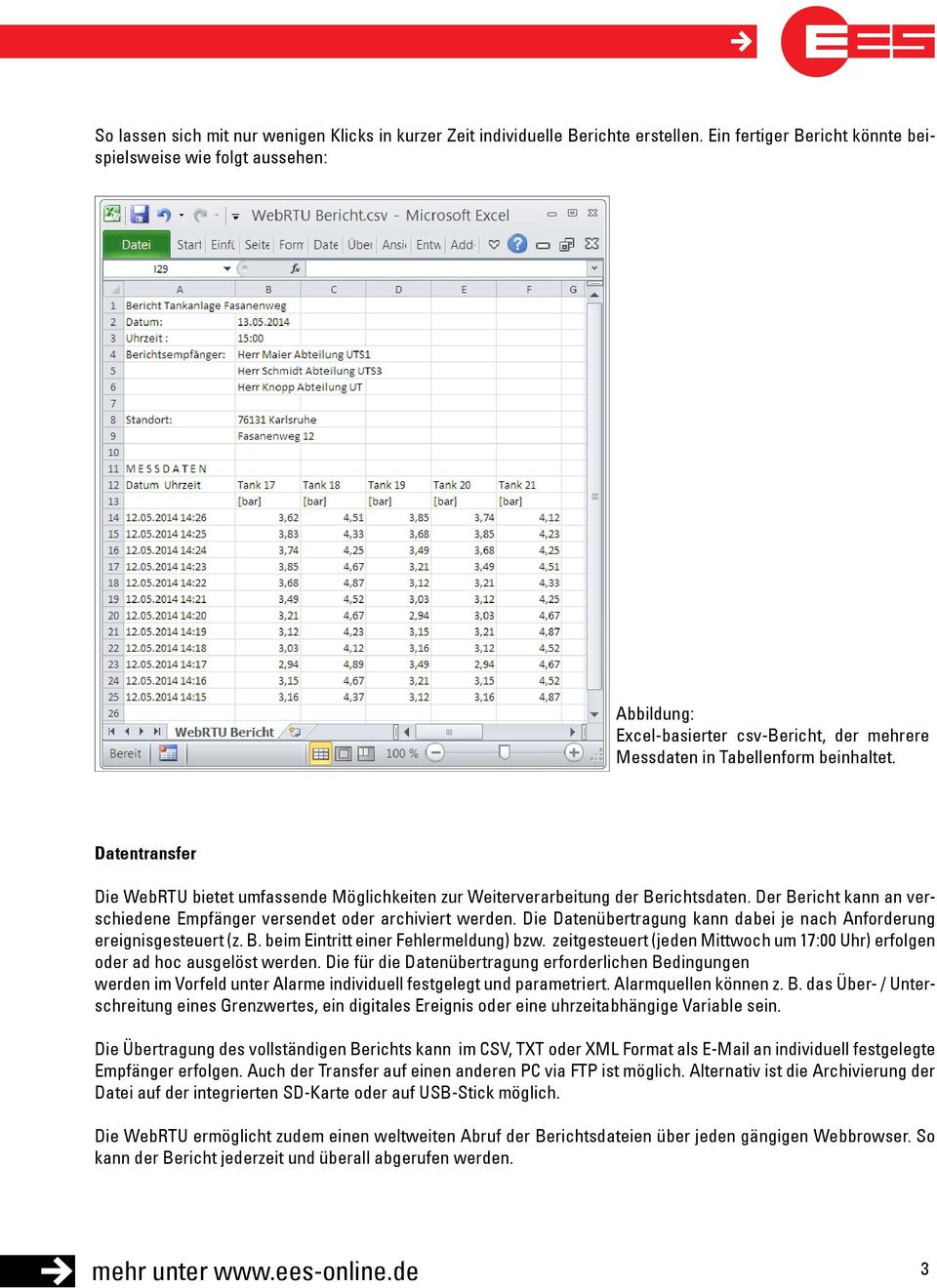 Datentransfer Die WebRTU bietet umfassende Möglichkeiten zur Weiterverarbeitung der Berichtsdaten. Der Bericht kann an verschiedene Empfänger versendet oder archiviert werden.