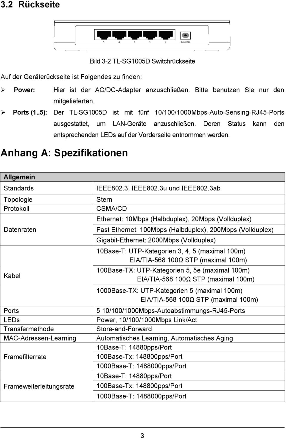 Anhang A: Spezifikationen Allgemein Standards Topologie Protokoll Datenraten Kabel Ports LEDs Transfermethode MAC-Adressen-Learning Framefilterrate Frameweiterleitungsrate IEEE802.3, IEEE802.