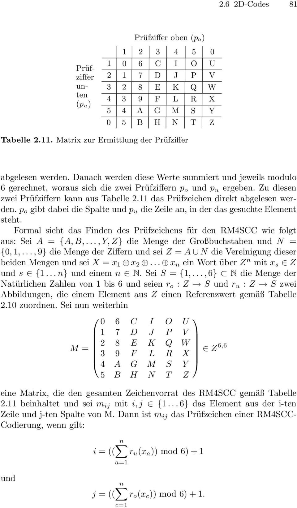 Zu diesen zwei Prüfziffern kann aus Tabelle 2.11 das Prüfzeichen direkt abgelesen werden. p o gibt dabei die Spalte und p u die Zeile an, in der das gesuchte Element steht.