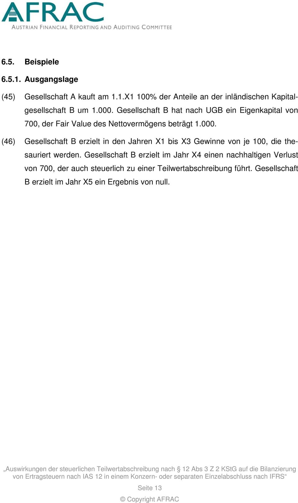 Gesellschaft B erzielt im Jahr X4 einen nachhaltigen Verlust von 700, der auch steuerlich zu einer Teilwertabschreibung führt.