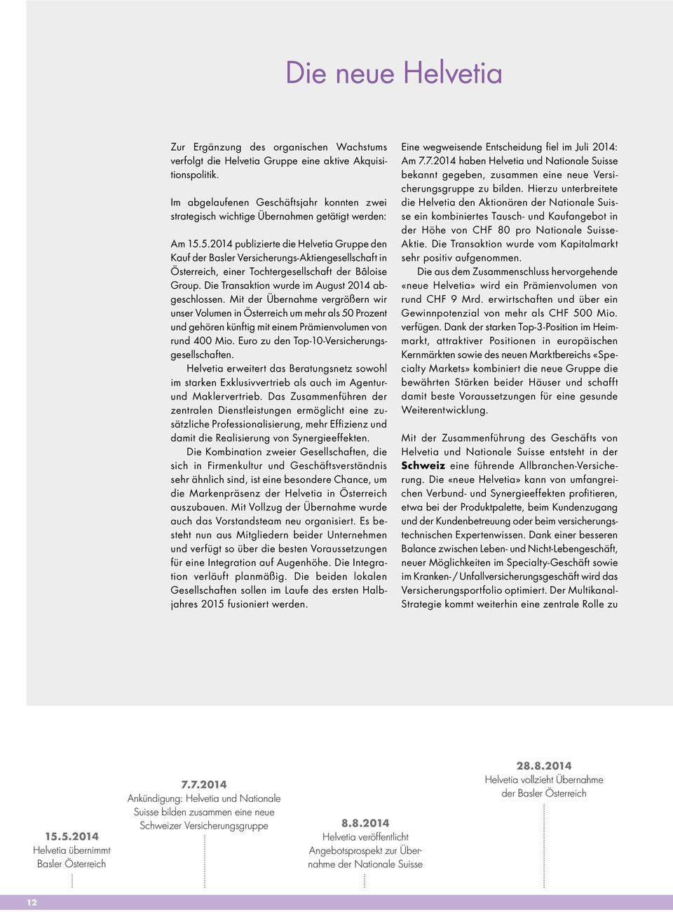 5.2014 publizierte die Helvetia Gruppe den Kauf der Basler Versicherungs-Aktiengesellschaft in Österreich, einer Tochtergesellschaft der Bâloise Group.