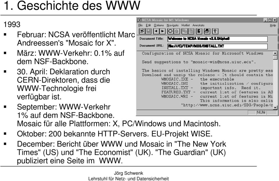 September: WWW-Verkehr 1% auf dem NSF-Backbone. Mosaic für alle Plattformen: X, PC/Windows und Macintosh.