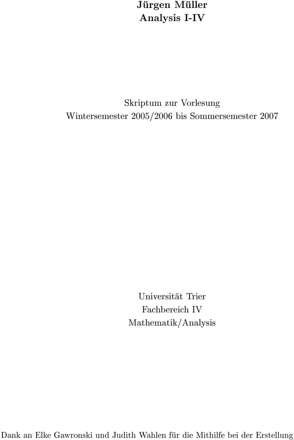 Trier Fachbereich IV Mathematik/Analysis Dank an Elke