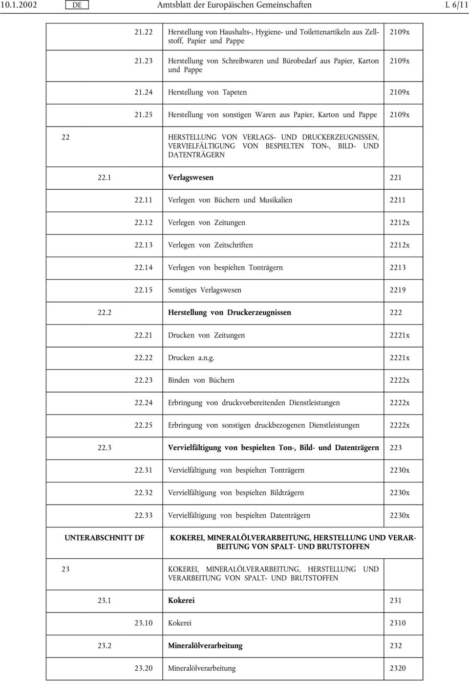 25 Herstellung von sonstigen Waren aus Papier, Karton und Pappe 2109x 22 HERSTELLUNG VON VERLAGS- UND DRUCKERZEUGNISSEN, VERVIELFÄLTIGUNG VON BESPIELTEN TON-, BILD- UND DATENTRÄGERN 22.