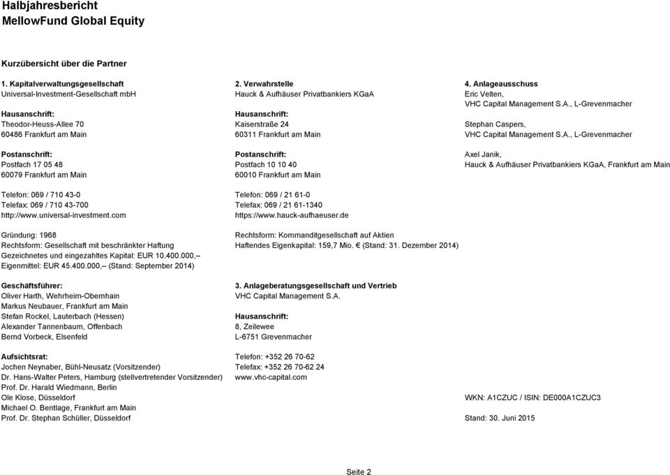 A., L-Grevenmacher Postanschrift: Postanschrift: Axel Janik, Postfach 17 05 48 Postfach 10 10 40 Hauck & Aufhäuser Privatbankiers KGaA, Frankfurt am Main 60079 Frankfurt am Main 60010 Frankfurt am