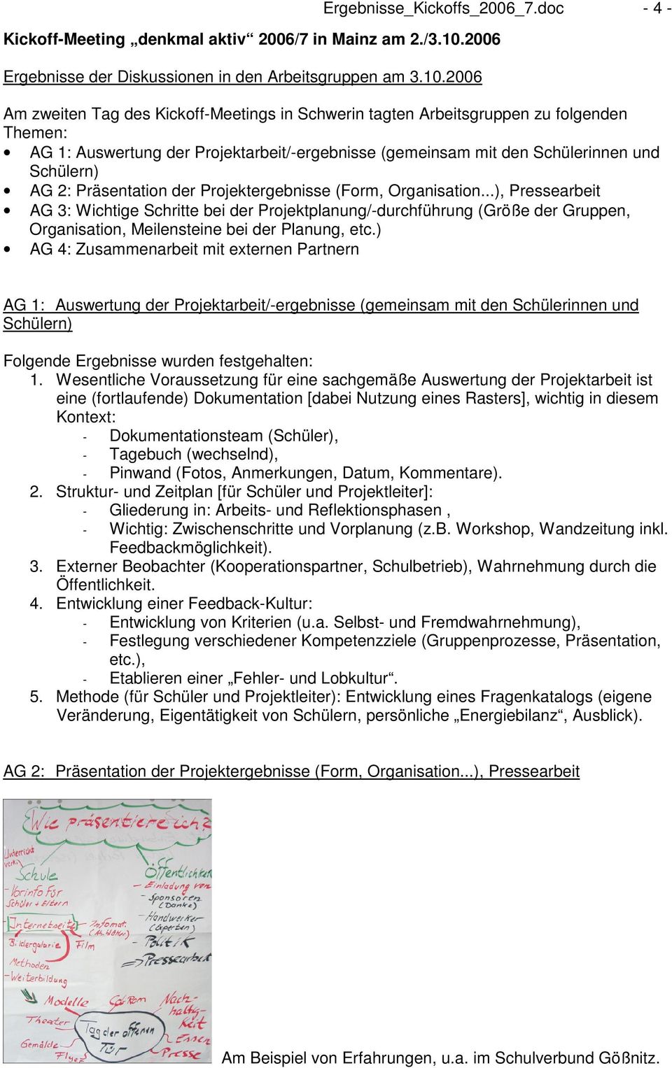 2006 Am zweiten Tag des Kickoff-Meetings in Schwerin tagten Arbeitsgruppen zu folgenden Themen: AG 1: Auswertung der Projektarbeit/-ergebnisse (gemeinsam mit den Schülerinnen und Schülern) AG 2: