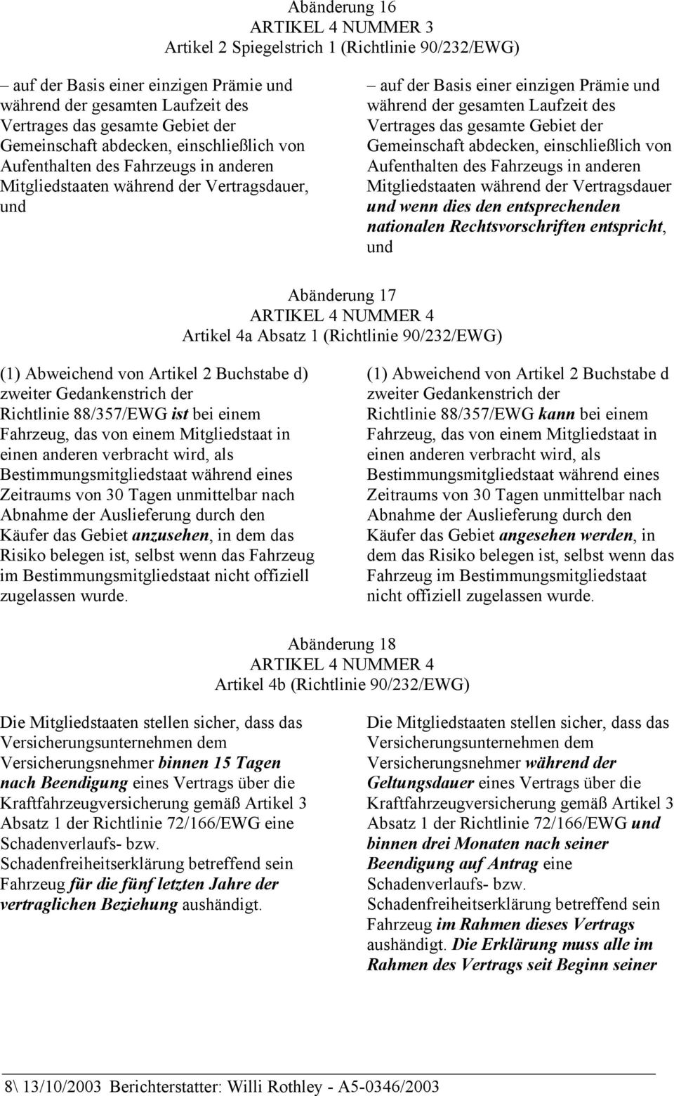 des Vertrages das gesamte Gebiet der Gemeinschaft abdecken, einschließlich von Aufenthalten des Fahrzeugs in anderen Mitgliedstaaten während der Vertragsdauer und wenn dies den entsprechenden